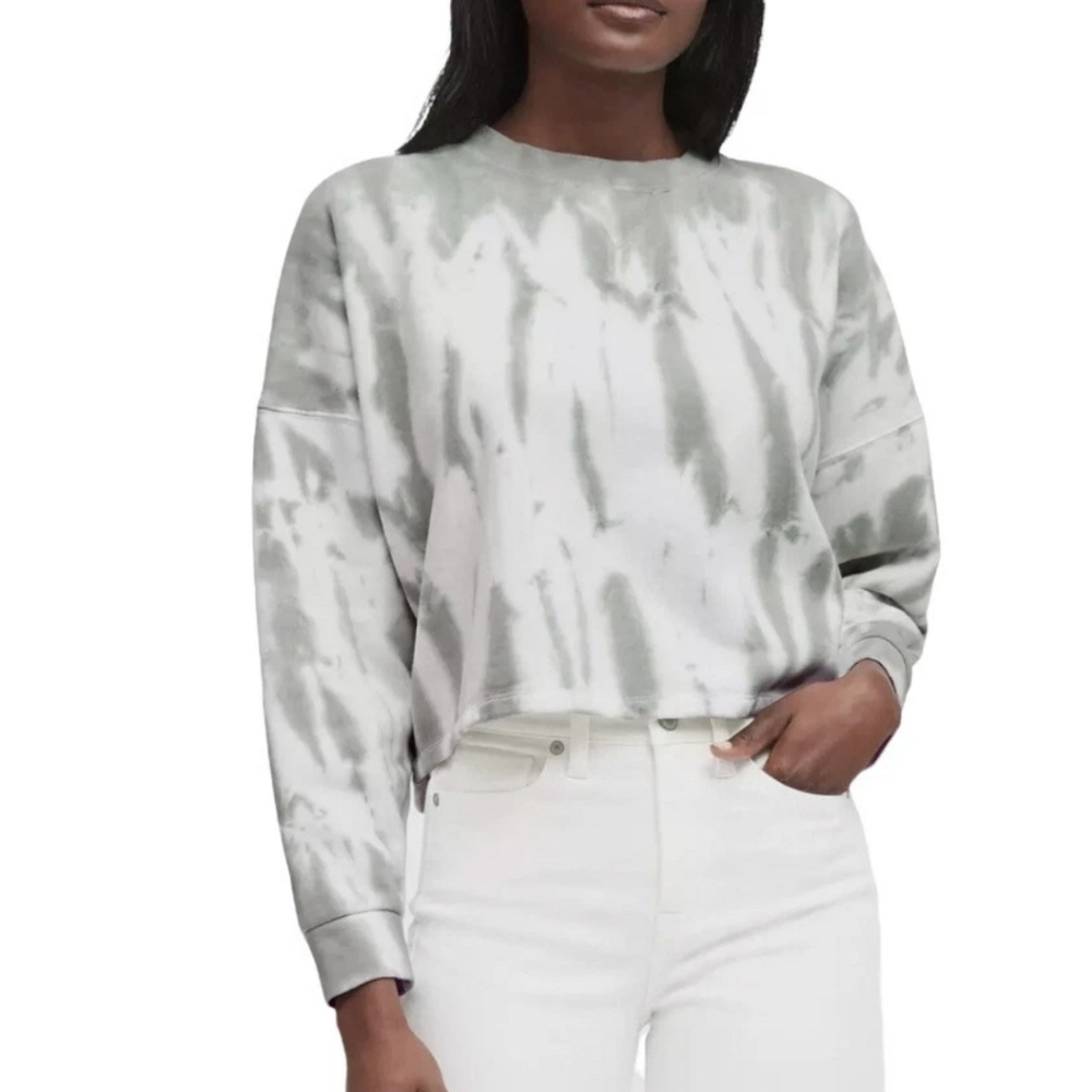 Banana Republic Sage Green White Tie Dye Long Sleeve Cropped Crewneck Sweatshirt